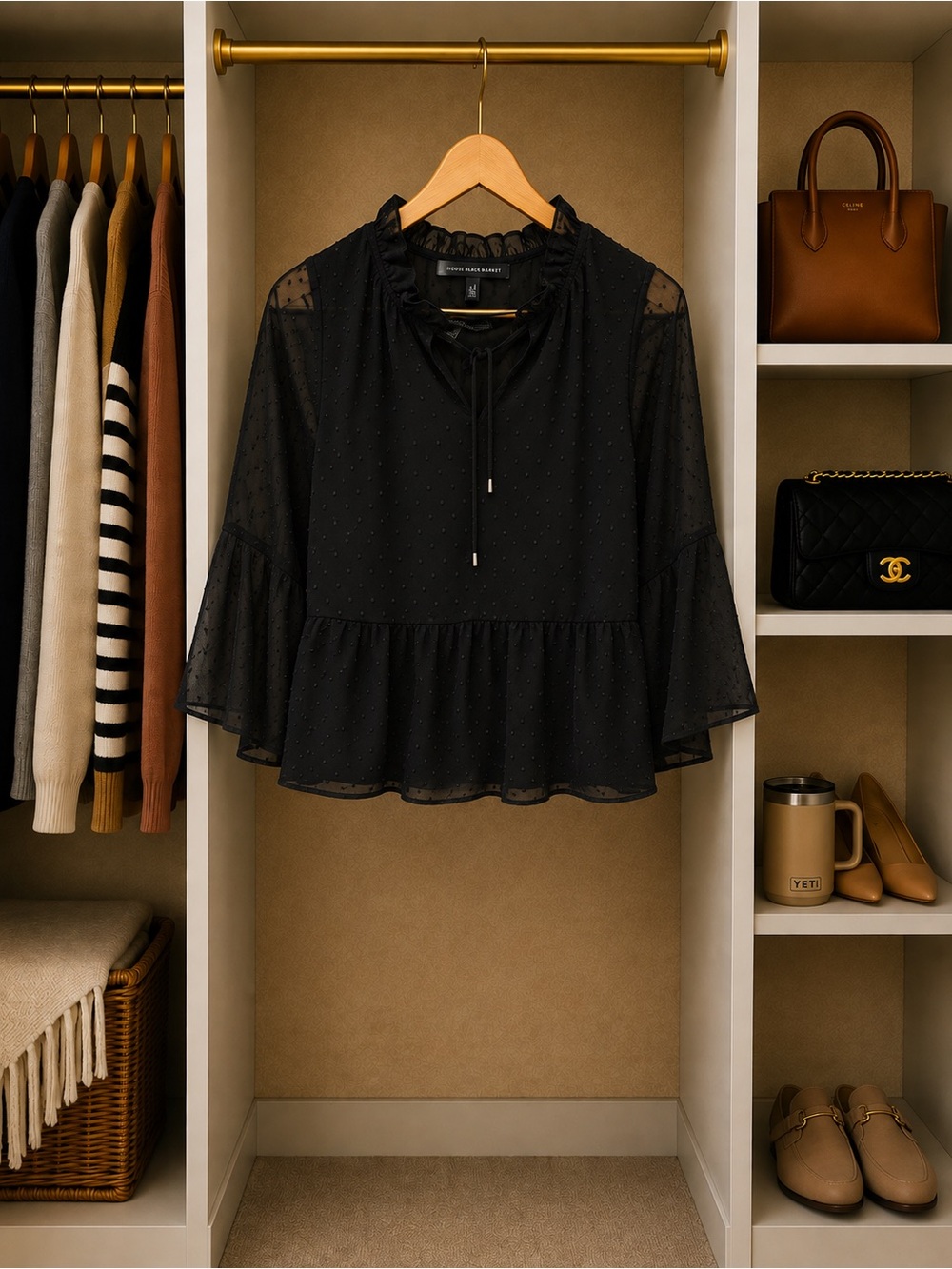 White House Black Market Black Ruffle-Neck Peplum Blouse